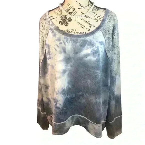 New Directions Studio Belk Brand 3X Blue Tie Dyed Shirt with Lace on Sleeves L/S - Picture 1 of 5